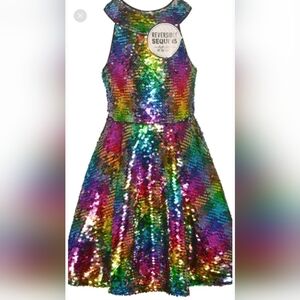 Girl's flip sequin rainbow silver party dress 5 5T